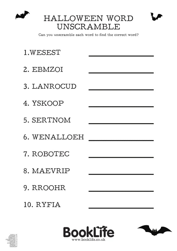 Free Halloween Word Unscramble Activity