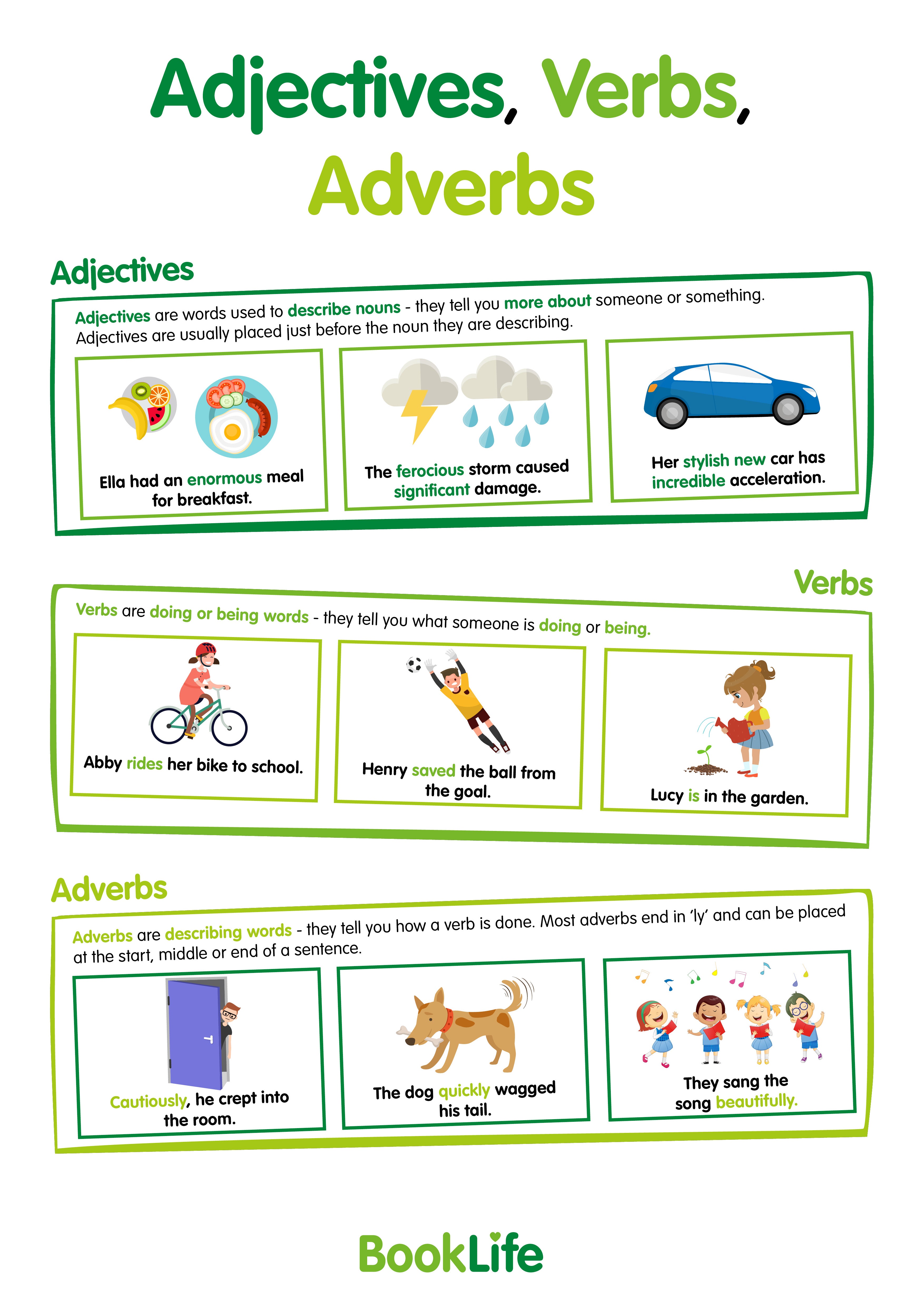 Free Adjectives, Verbs, Adverbs Poster by BookLife