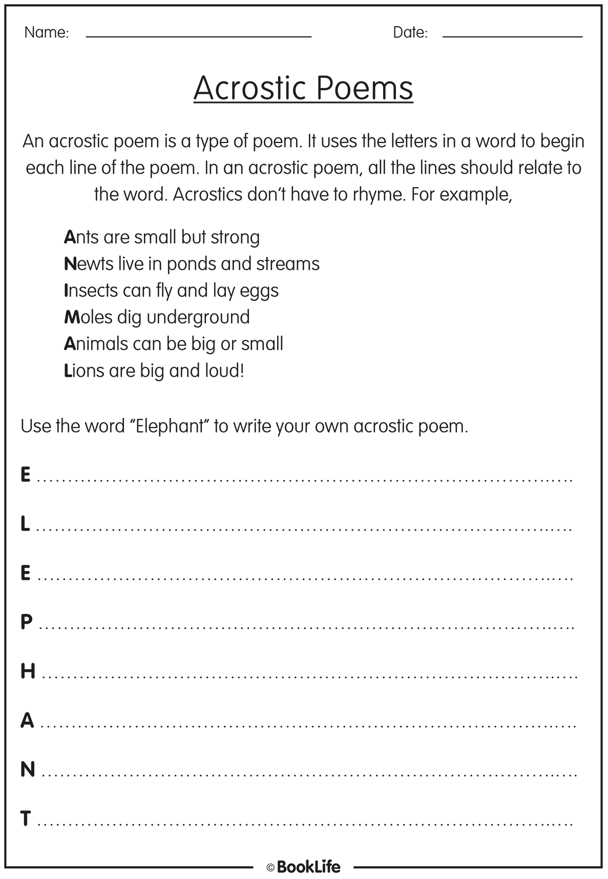 Elephant Acrostic Poem by BookLife
