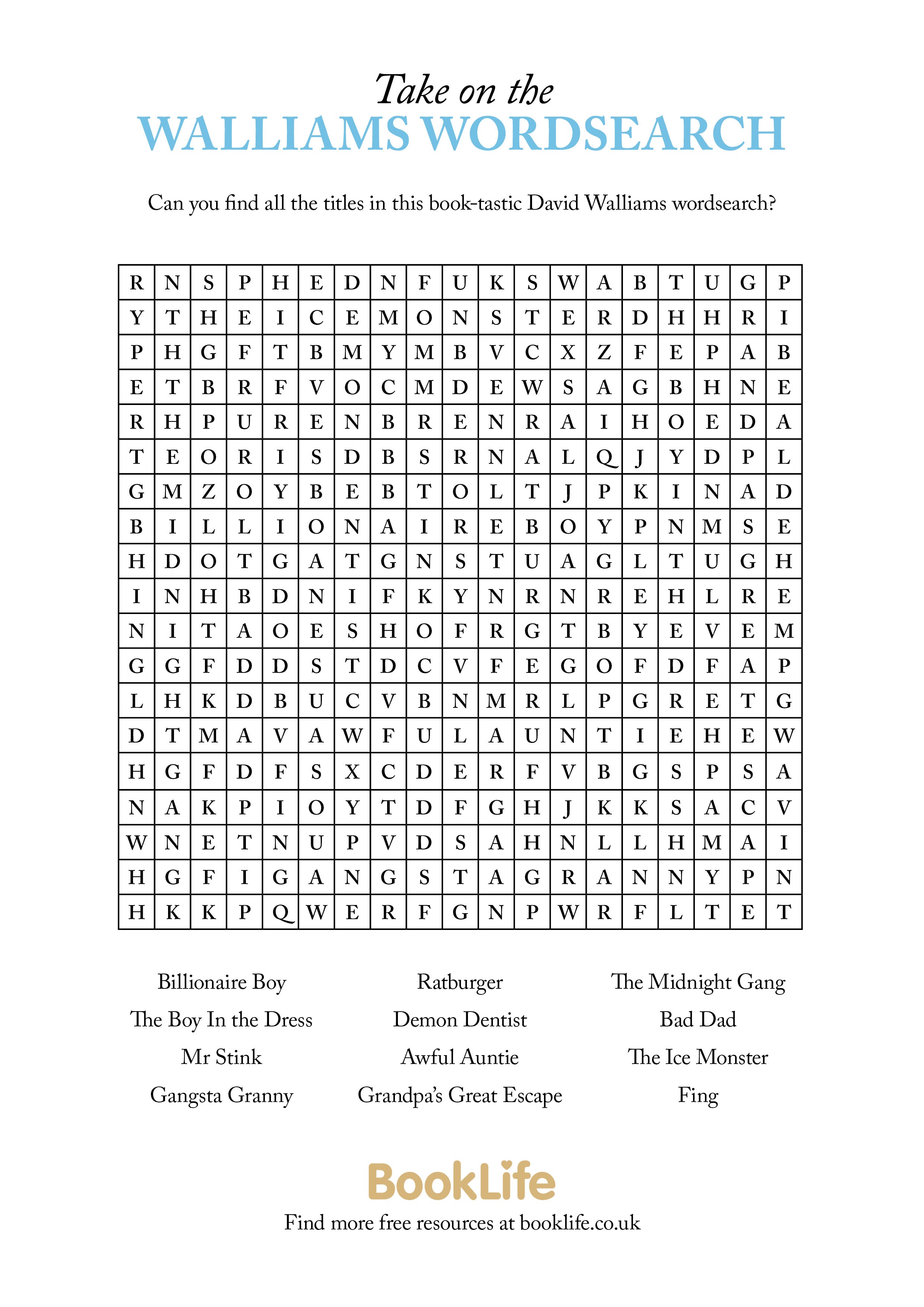 Free David Walliams Wordsearch by BookLife
