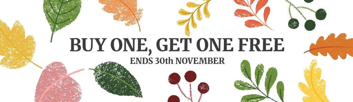 Promotional banner with the text 'BUY ONE, GET ONE FREE' and 'ENDS 30th NOVEMBER' in dark gray lettering, surrounded by colorful autumn leaves and berries on a white background.