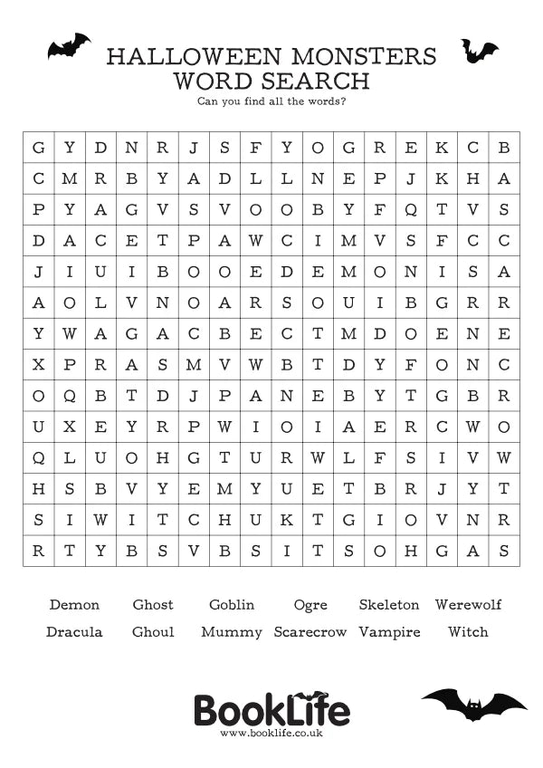 Free Halloween Monsters Word Search