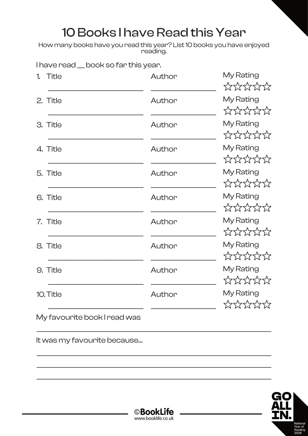 10 Books I Have Read This Year Activity