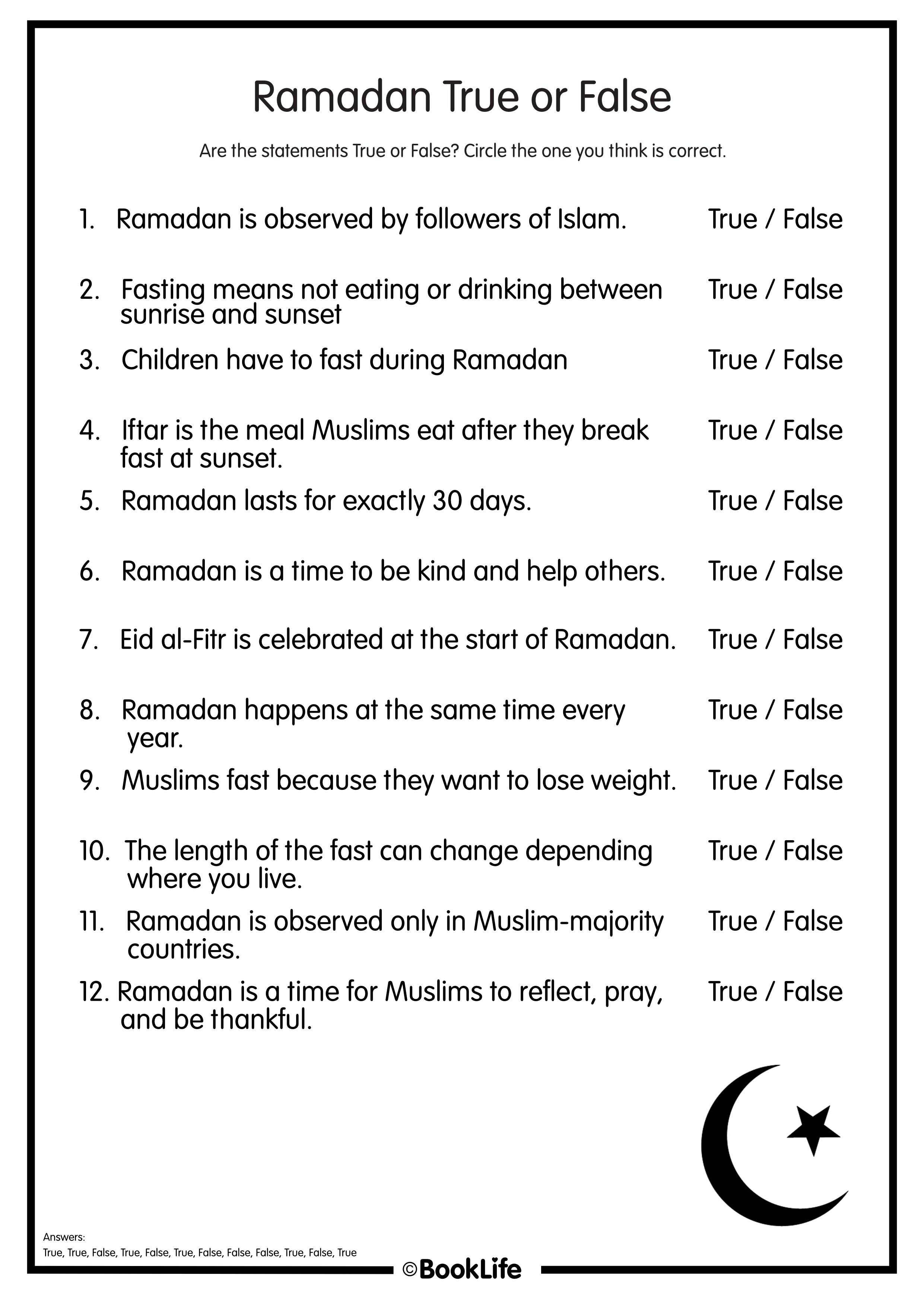 Ramadan True or False Activity