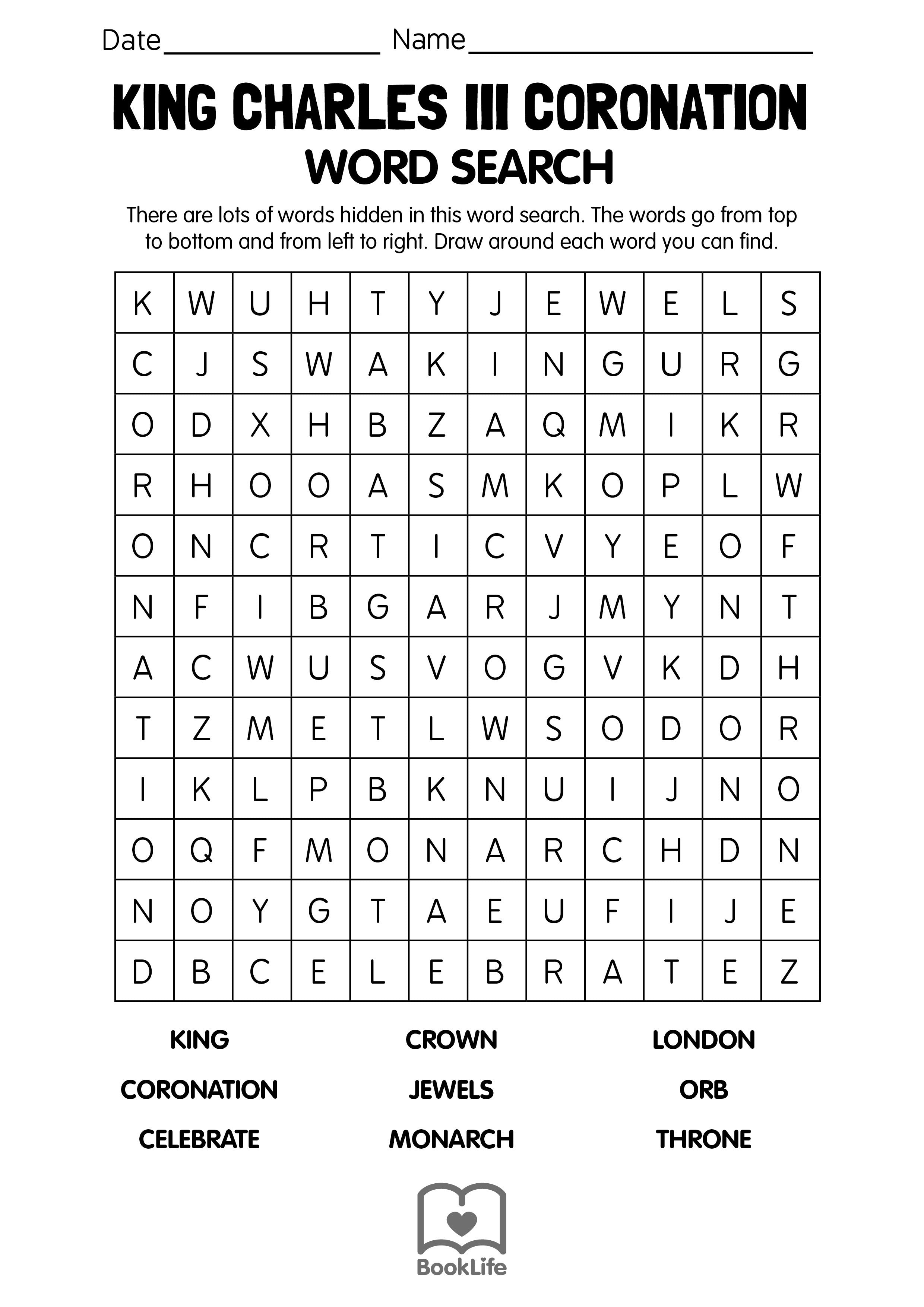 King Charles lll Coronation Word Search
